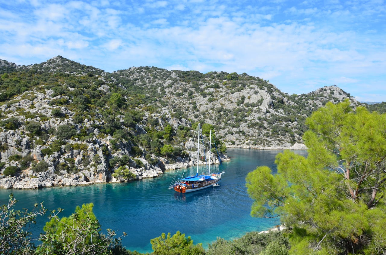 Turkish sailing — traditional gulet on the turquoise Aegean sea